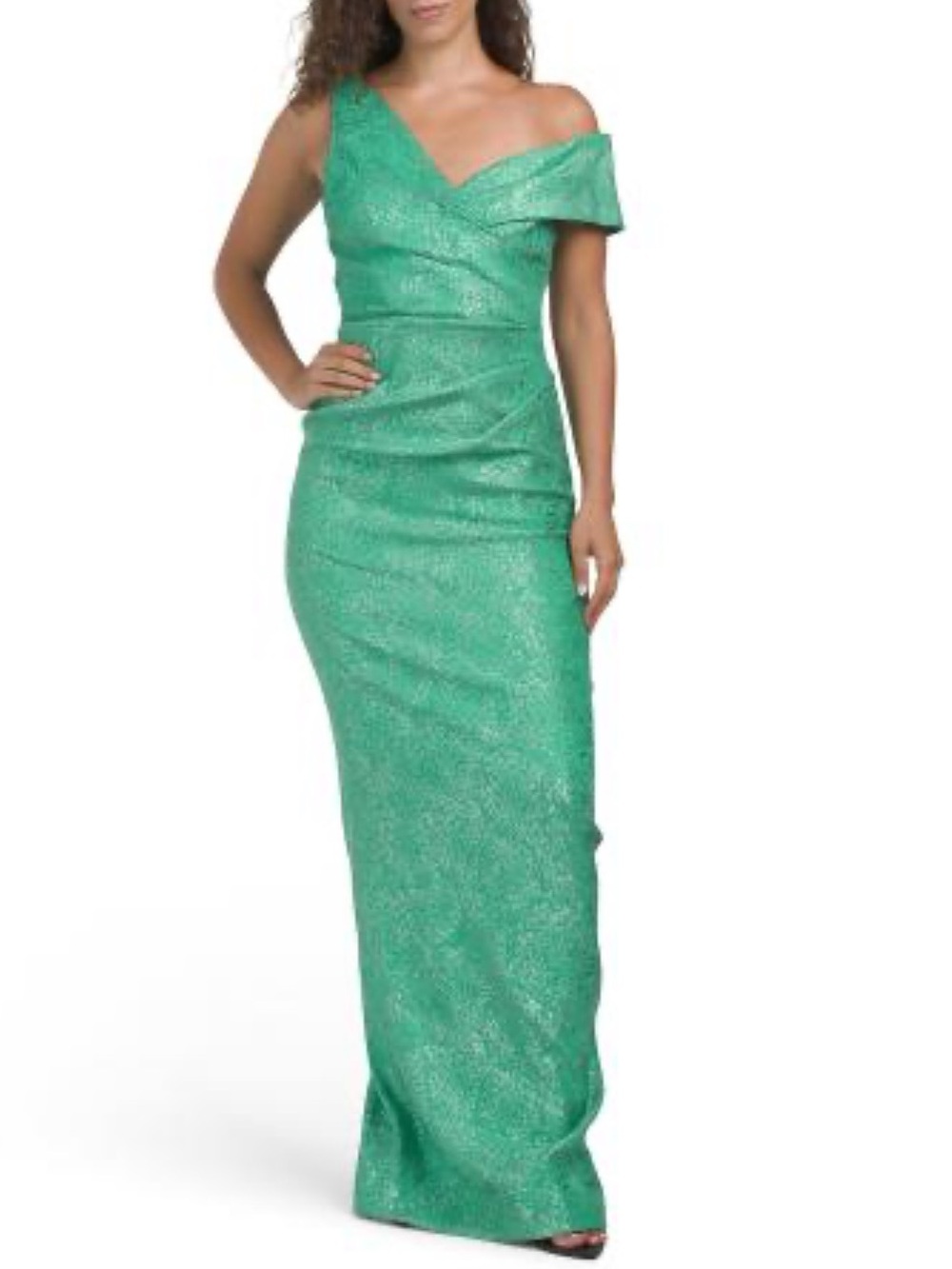 TERI JON Metallic Stretch Jacquard Asymetrical Shoulder Gown